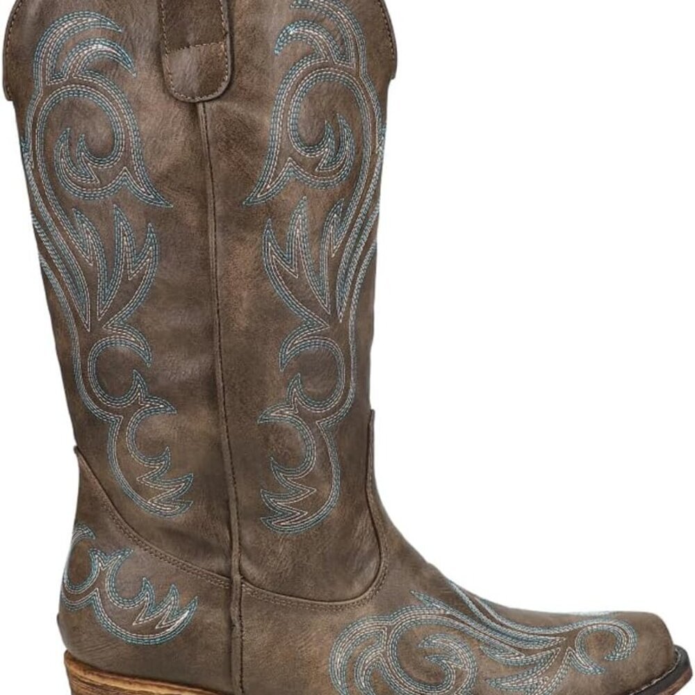 Womens Western Embroidered Faux Leather Snip Toe Boots Mid Calf Low Heel